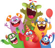 Cute cartoon Monsters. Vector set of cartoon happy monsters with balloons and party hats. Illustration isolated