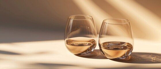 Wall Mural -  two glasses of wine sitting next to each other on a table with a shadow cast on the wall behind them.