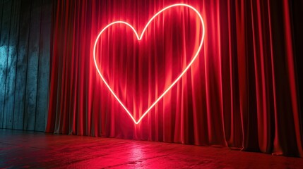 Canvas Print -  a heart - shaped neon sign in front of a red curtain with a red light in the shape of a heart.