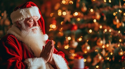 Poster -  a man in a santa suit standing in front of a christmas tree with his hands folded in front of his chest.