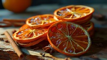 Dried Orange Slices And Cinnamon Sticks On A Wooden Table. Selective Focus.