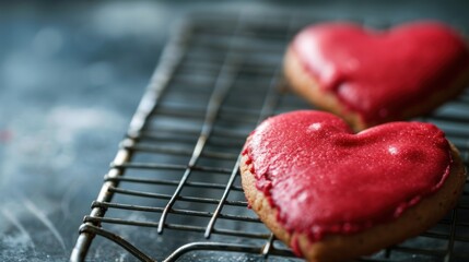 Poster -  a couple of heart shaped cookies sitting on top of a cooling rack on top of a metal rack on top of a table.