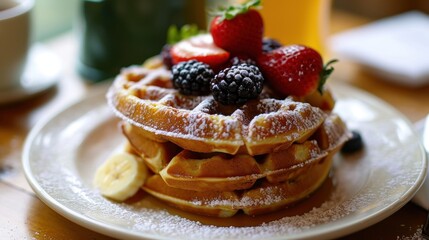 Sticker -  a white plate topped with a stack of waffles covered in powdered sugar and topped with berries and bananas.