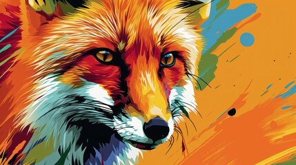 Poster -  a close up of a painting of a fox on an orange and blue background with a splash of paint on it.