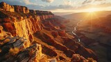 Fototapeta  - Generative AI conic canyon rims, drone's altitude, sun setting, rugged terrain, high-definition sunset tableau in the Grand Canyon