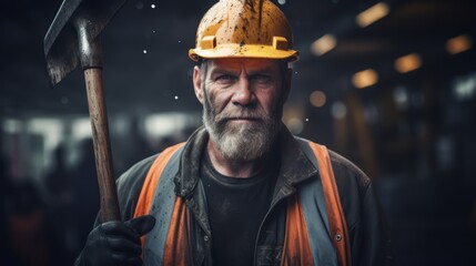 Poster - Generative AI Portrait of a builder with a hammer and level, confident and skilled, on a construction site background