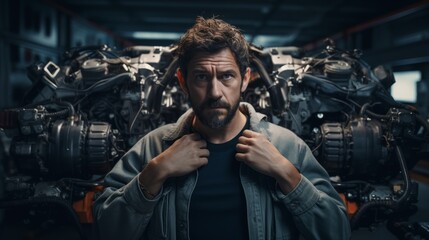 Poster - Generative AI Portrait of an auto mechanic with engine parts, explaining repairs, communication and expertise showcased in a garage
