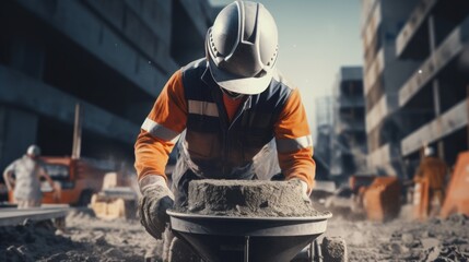 Poster - Generative AI Road worker operating a concrete mixer, pouring concrete for road construction, construction site in action