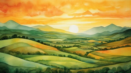 Aufkleber - Generative AI Rolling green hills under a vibrant sunset. aquarelle