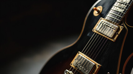 close up of electric guitar  on black background with space for text