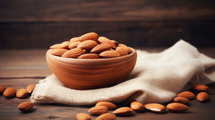 Wall Mural - Peeled almonds in a cedar plate on a wooden background.