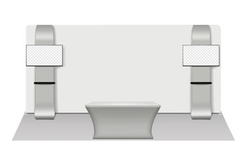 Wall Mural - Trade show portable booth display kit vector mock-up. Expo set template. Tradeshow tension fabric backdrop banner, TV stands with shelves, exhibition table counter mockup