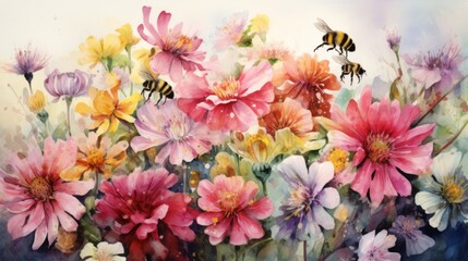Aufkleber - Generative AI Watercolor artwork of bees pollinating flowers in a vibrant garden setting