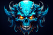 A blue demon skull with glowing eyes. Generative AI