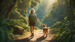 Middle-aged blonde woman in shorts and with a backpack over her shoulders is walking along a sunlit path in a dense, beautiful forest. Her dog runs beside her.
