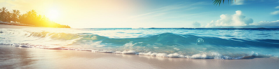 Wall Mural - Beautiful natural tropical landscape, beach with white sand and Palm tree leaned over calm wave.