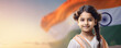 The smiling little girl with braids wearing a white top, posing in front of the Indian flag. A fictional character created by Generative AI.