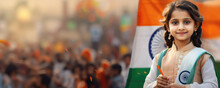 Photo Of A Young Girl In A School Uniform Holding A Pencil And An Indian Flag. A Fictional Character Created By Generative AI.