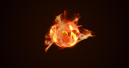 Energy yellow fire glowing cosmic magic sphere, futuristic round high-tech ball bright atom made of electricity, background
