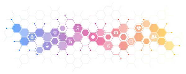Poster - Medical background and healthcare technology with flat icons and symbols. Design template of concept and idea for health care business, innovation medicine, health safety, science. Illustration