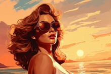 Portrait Of A Beautiful Fashionable Woman With A Hairstyle And Sunglasses, On A Beach, At Sunset, Blue Sky Background. Illustration, Poster In Style Of The 1960s