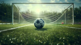 Fototapeta Sport - Netted Precision: Soccer Ball in Front of the Goal on Textured Field