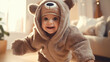A cute baby in a sloth onesie,  moving with adorable slowness