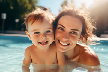 Portrait of smiling mother and her baby in swimming pool in sunny day, happy family summer vacation joyful and optimistic atmosphere. Generative AI