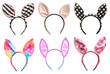 Set collection of Colourful dot stripes pattern bunny rabbit hare ears headband headgear on transparent background cutout, PNG file. Many different colours. Mockup template for artwork design