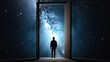 Human silhouette standing in front of open door and looking into space galaxy background. Magic portal to another world. Concept of dreams and freedom.