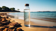 Transparent reusable water bottle on sandy beach with ocean backdrop emphasizing environmental awareness and sustainable lifestyle choices