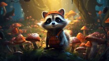 A Cute Little Raccoon On Fantasy Style A Magical Forest. AI Generated Image