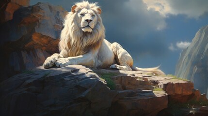 A big white Lion wild animal lie down on the rock with nature sunlight background. AI generated