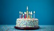 © Oleksiy - birthday cake with many birthday candles on a blue background