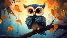 A Rendering Cute Fantasy Owl Cartoon Isolated On Abstract Color Background. AI Generated