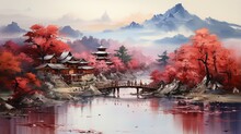 Oriental Landscape With A Bridge Over A River And A Pagoda