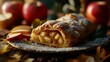 Apple strudel with fresh apples and cinnamon on a wooden table