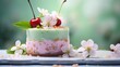 spring dessert, round cherry cheesecake with cherry blossom