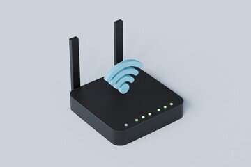 Poster - 3D Router with Wi-fi symbol or Simple internet wi-fi router with antennas icon. Wi-Fi hotspot zone. The concept of a Wireless Modem for 4G or 5G. realistic hard surface. minimal cartoon.3D Rendering.