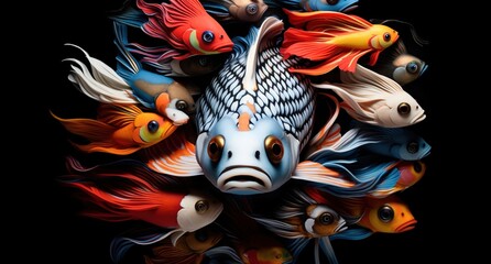 Wall Mural - 3D rendering of a school of colorful fancy goldfish