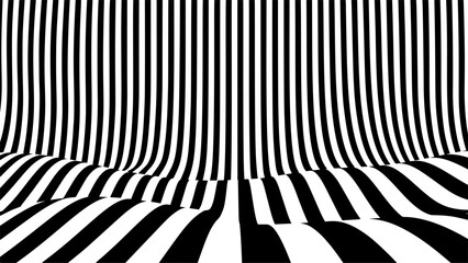 Optical illusion op art wavy background with black and white stripes texture.