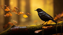 Blackbird Perched On A Branch In A Forest