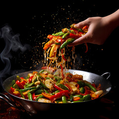 Canvas Print - A chefs hands tossing vegetables in a wok