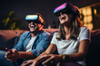 Virtual Fun Zone, Happy Friends Engage in Video Games, Immersed in Virtual Reality.
