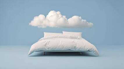 Poster - A serene bedroom setup with a white bed and pillows on a subtle blue background, evoking a dreamy, cloud-like atmosphere