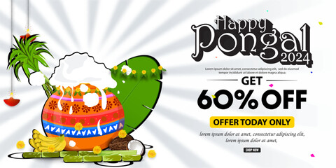 Happy Pongal Holiday sale banner design template. Vector illustration.