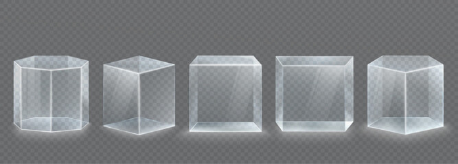 Glass transparent showcase podium for product demonstration. Empty square, cylindrical pedestal for goods.