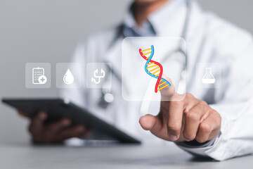 medicine doctor touching virtual dna touch on interface for presenting dna molecule research. human 