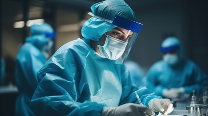 Wall Mural - A female surgeon in protective gear is working on a patient in an operating room