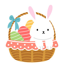 Easter Bunny And Colorful Easter Egg In Decoration Woven Basket